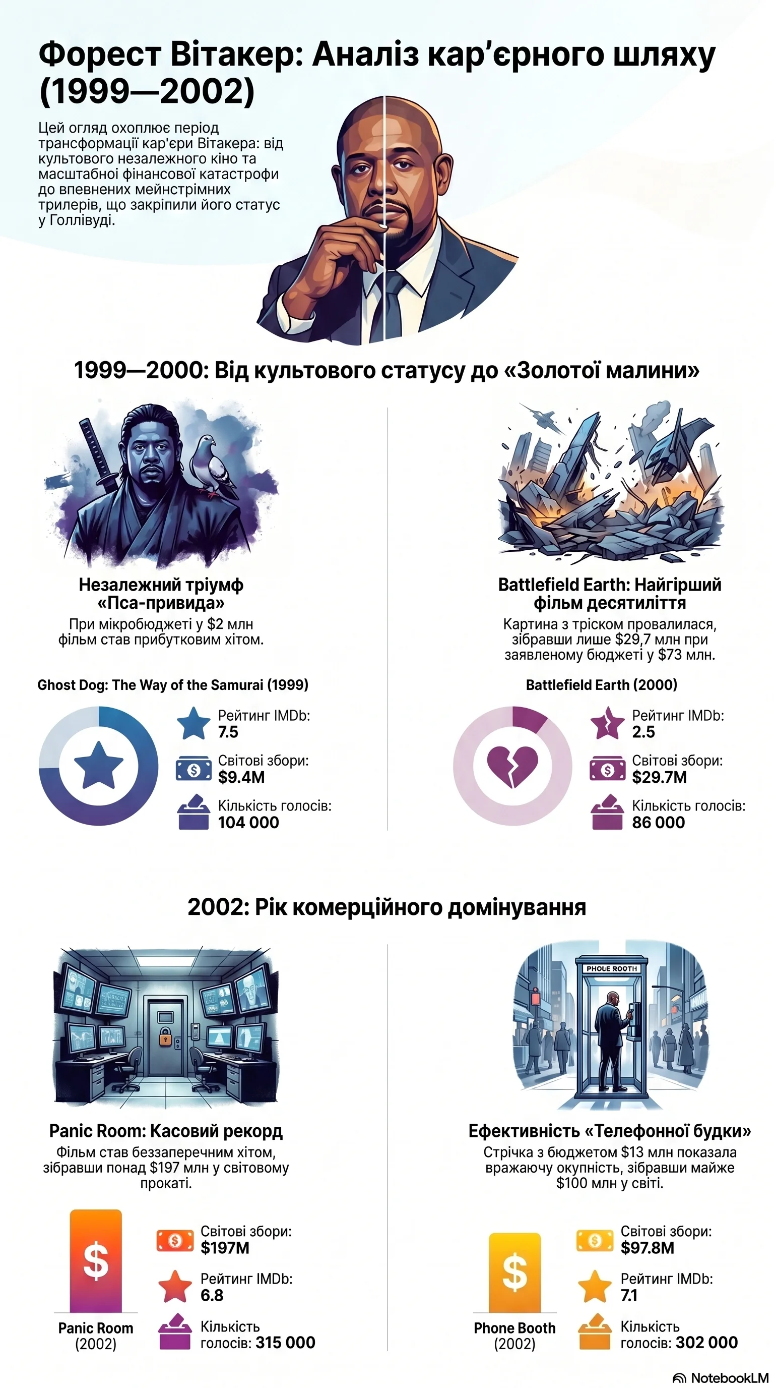 Форест Вітакер (2000) - інфографіка кар'єри